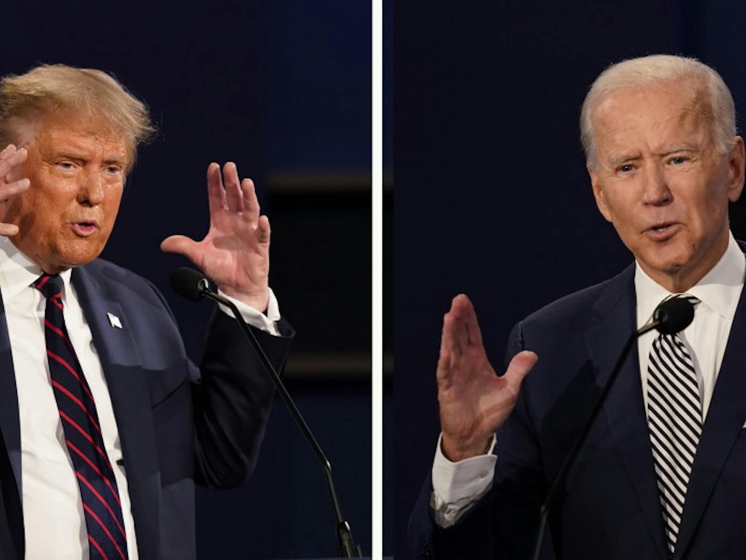In this combination image of two photos showing both President Donald Trump, left, and former Vice President Joe Biden during the first presidential debate Tuesday, Sept. 29, 2020, at Case Western University and Cleveland Clinic, in Cleveland, Ohio.&nbsp;