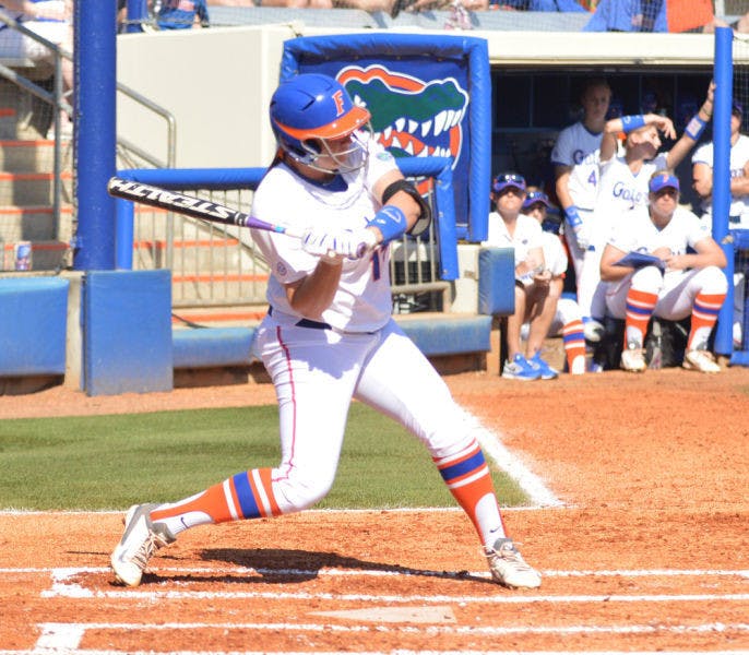 Lauren Haeger swings during Florida’s 2-0 win against Ole Miss on March 9 at Katie Seashole Pressly Stadium.&nbsp;