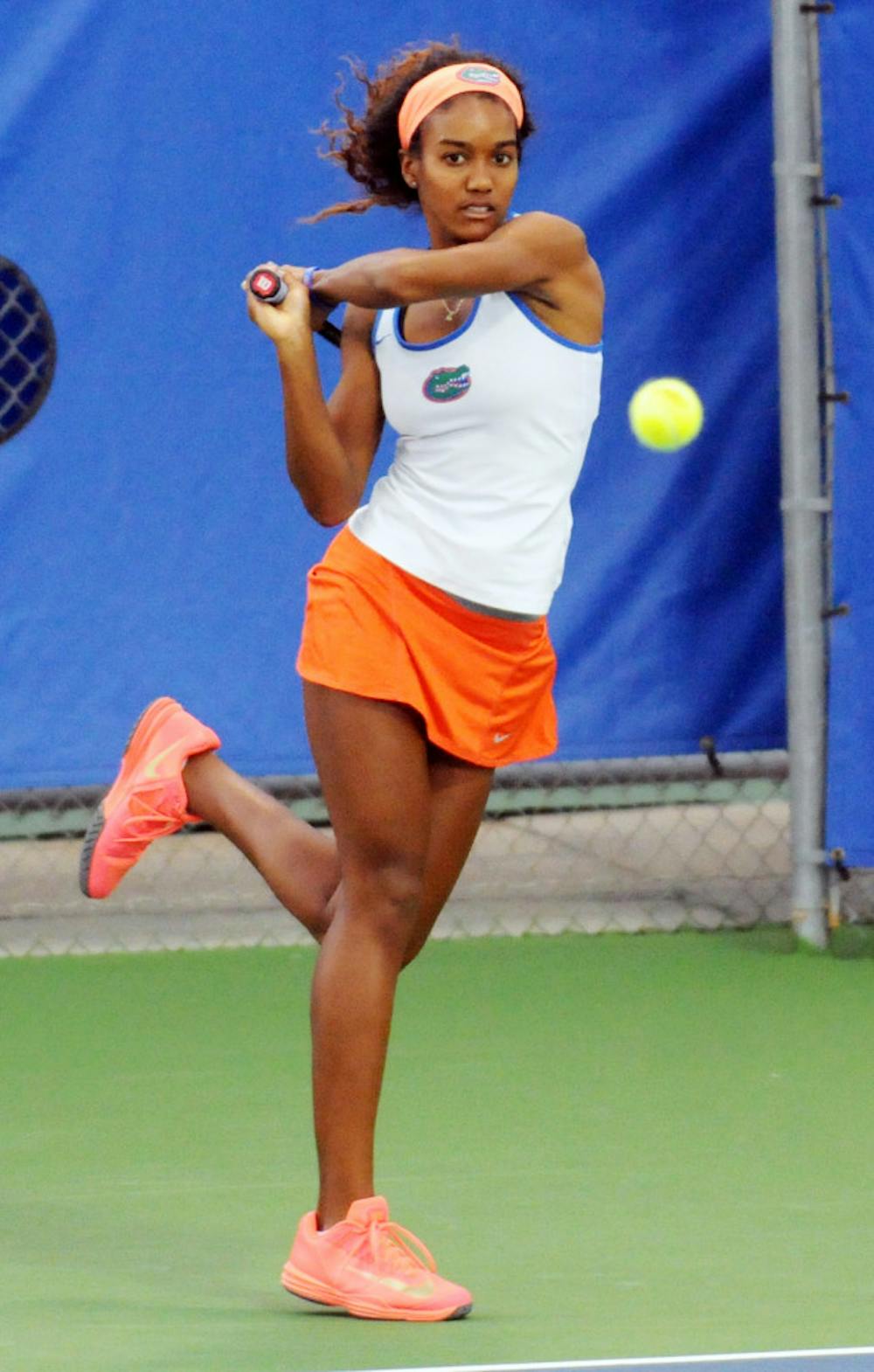 <p>UF’s Brianna Morgan returns a serve during Florida’s win over USF on Jan. 27, 2016, at the Ring Tennis Complex.</p>