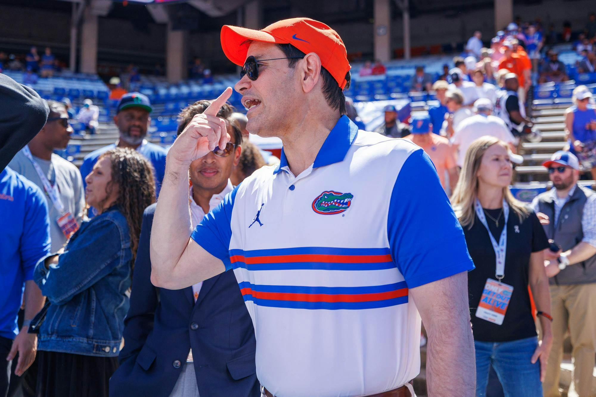 Secretary of State Marco Rubio stands on the field before an NCAA college football game against Ole Miss, Saturday, Sept. 26, 2026, in Gainesville, Fla.