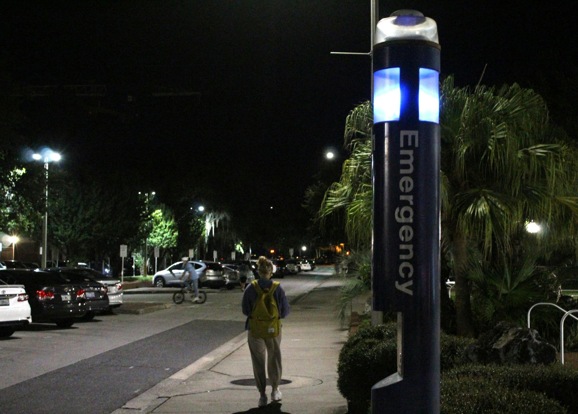 An emergency blue light is seen near Broward Dining Facility. on Tuesday, Sept. 28, 2021.