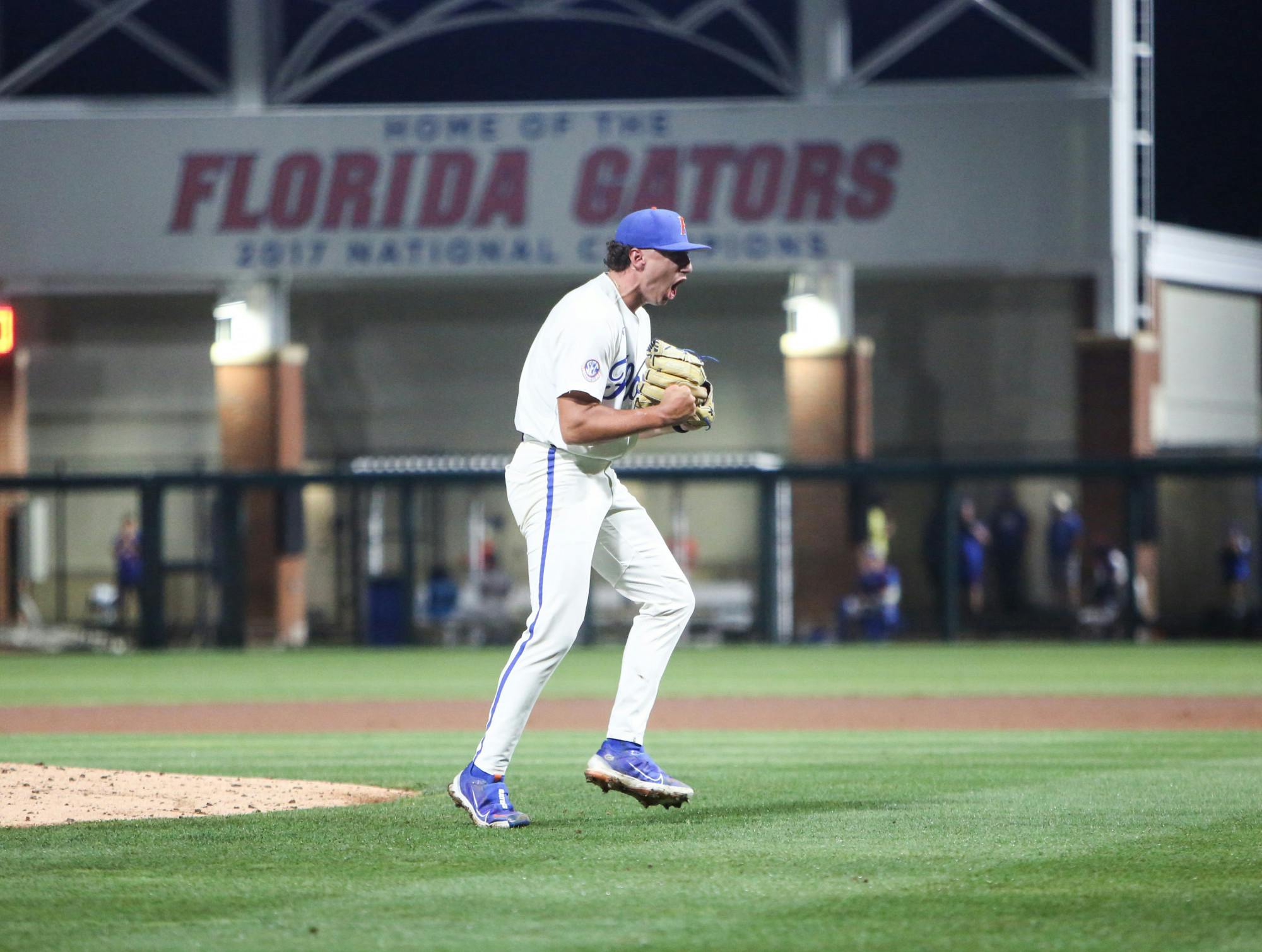 Florida starting pitcher Brandon Sproat celebrates during the Gators' 5-4 win against South Carolina Friday, June 9, 2023. 