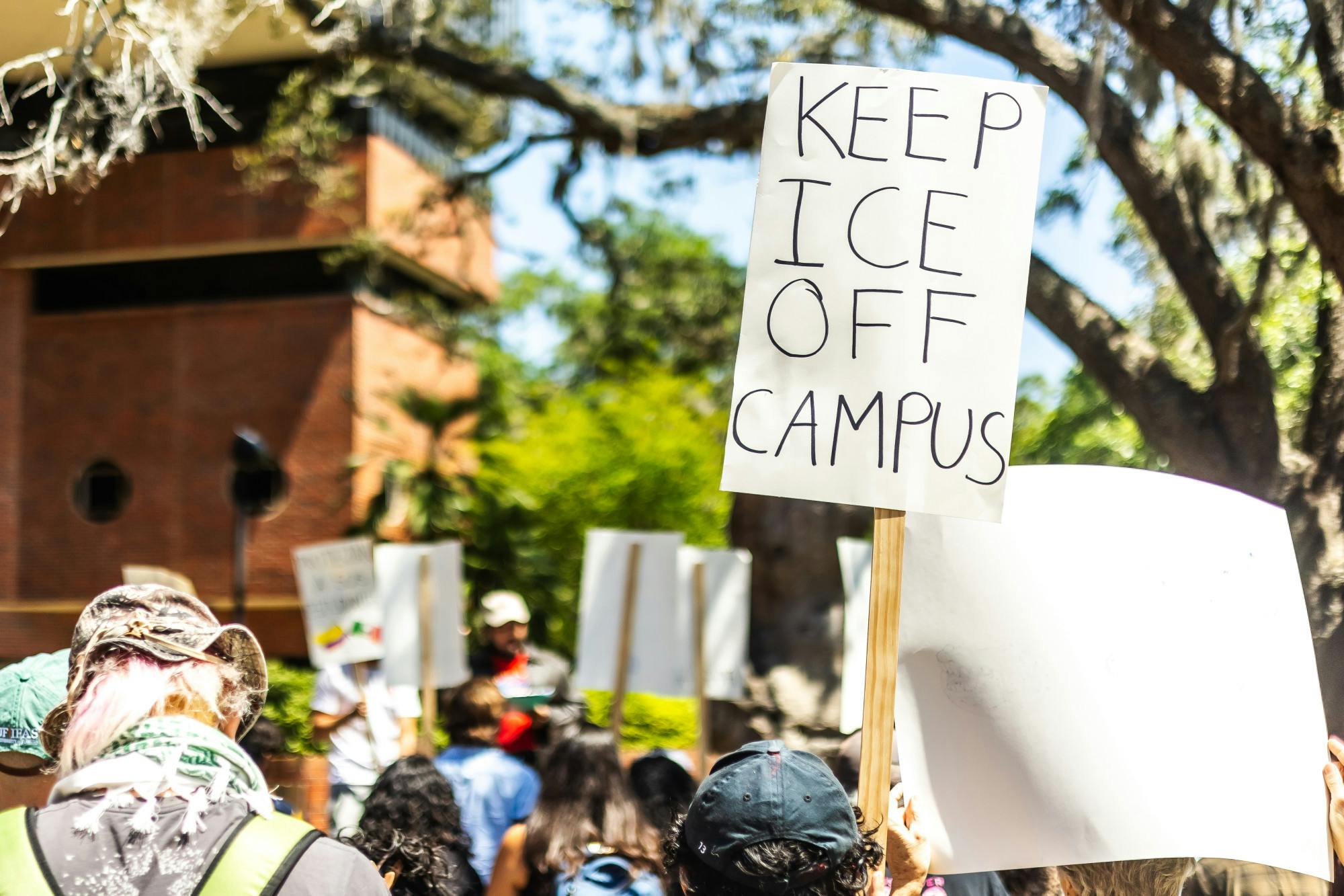 A crowd gathers in Turlington Plaza on Wednesday, April 9, 2025, to protest the UF student recently detained by ICE.