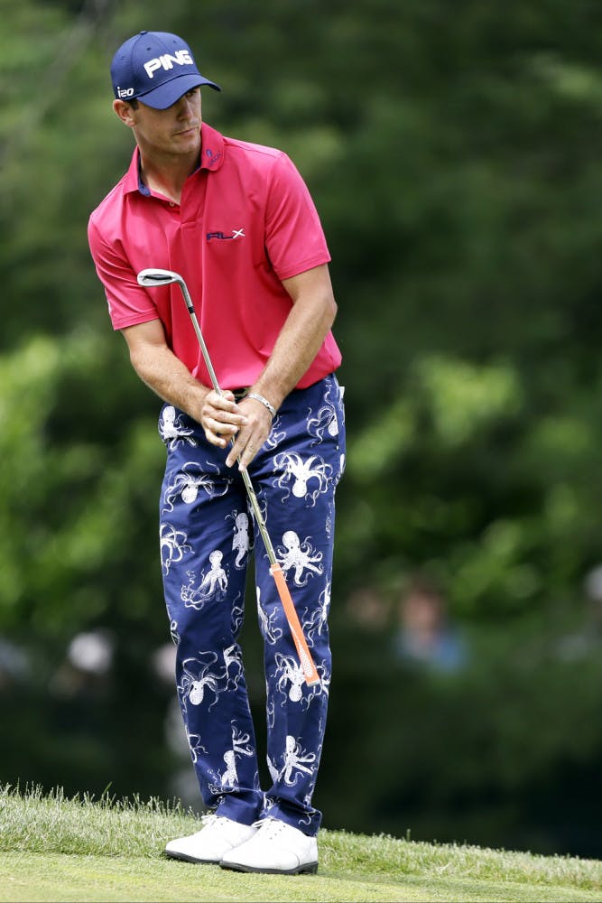 Billy Horschel watches a putt on the second green during the fourth round of the U.S. Open golf tournament at Merion Golf Club, Sunday, June 16, 2013, in Ardmore, Pa. 