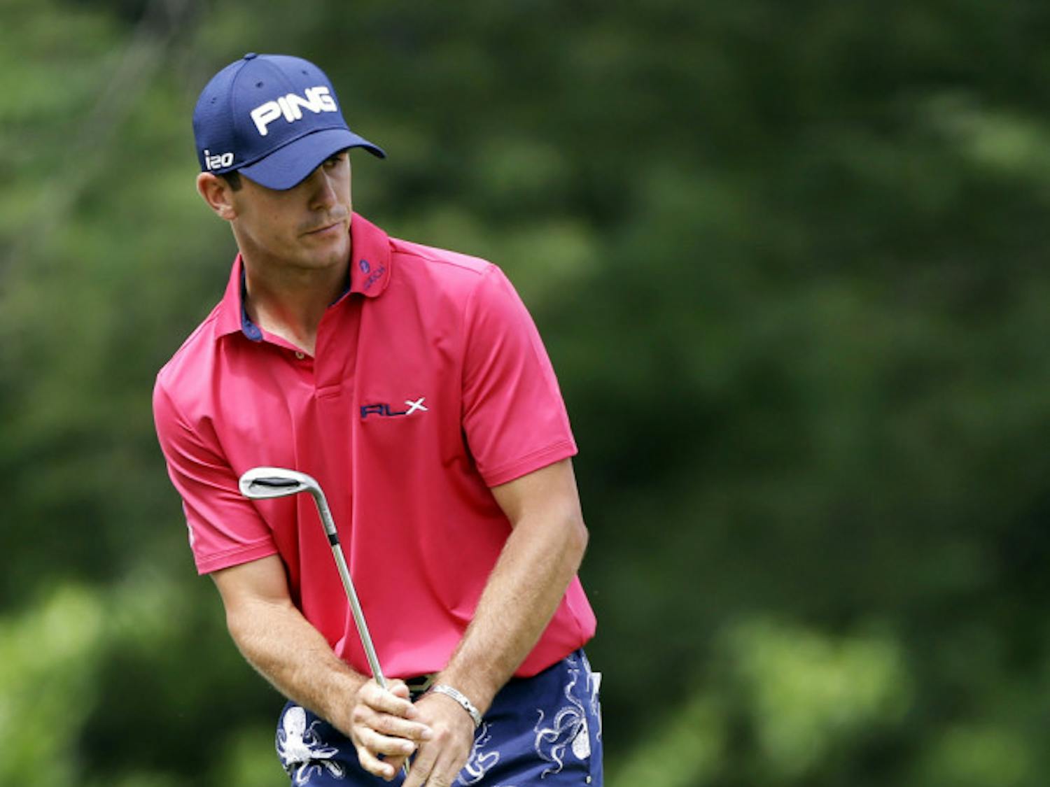 Billy Horschel watches a putt on the second green during the fourth round of the U.S. Open golf tournament at Merion Golf Club, Sunday, June 16, 2013, in Ardmore, Pa. 