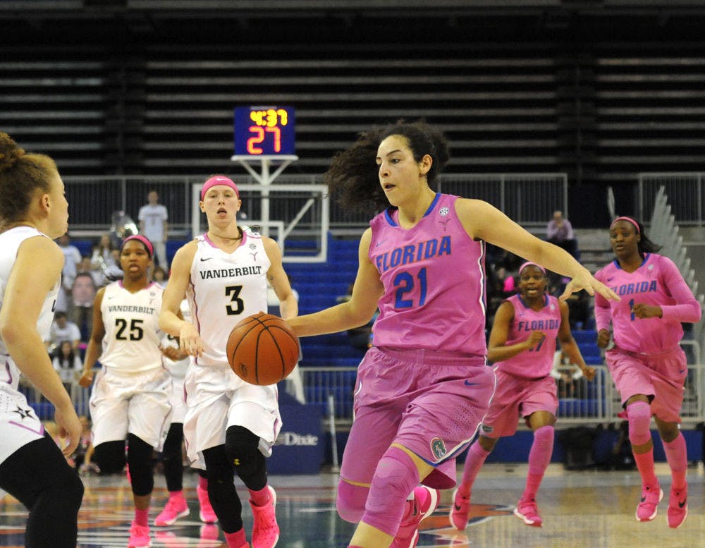 <p>Eleanna Christinaki dribbles into the paint during Florida's 79-67 win over Vanderbilt on Feb. 18, 2016, in the O'Connell Center.</p>