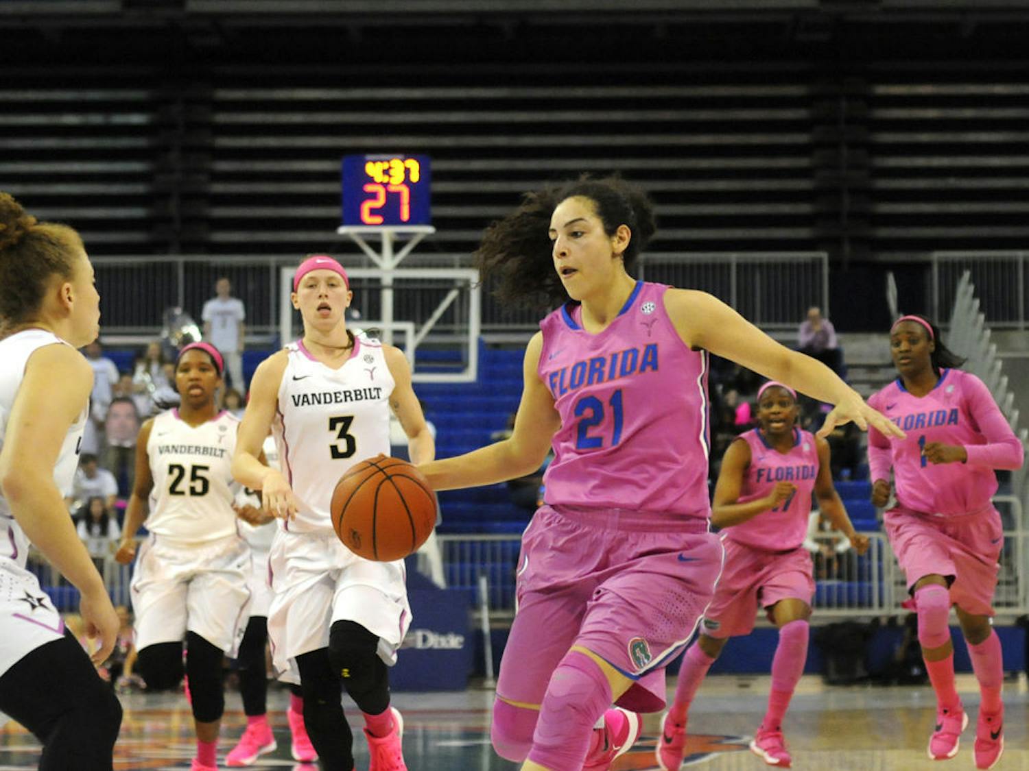 Eleanna Christinaki dribbles into the paint during Florida's 79-67 win over Vanderbilt on Feb. 18, 2016, in the O'Connell Center.