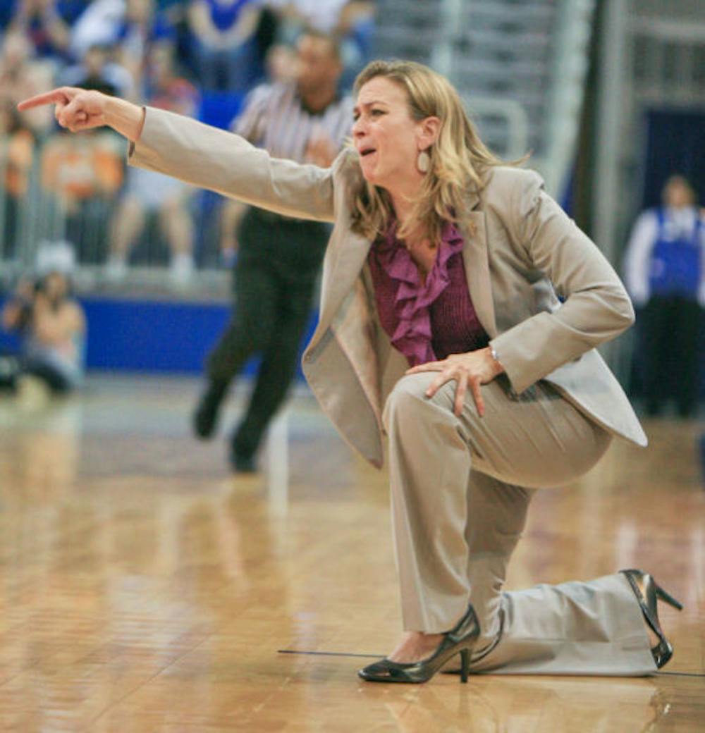 <p>Coach Amanda Butler reacts to a play during Florida’s 78-75 overtime loss to No. 9 Tennessee on Sunday in the O’Connell Center.</p>