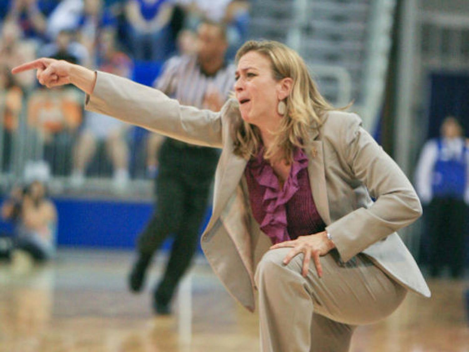 Coach Amanda Butler reacts to a play during Florida’s 78-75 overtime loss to No. 9 Tennessee on Sunday in the O’Connell Center.