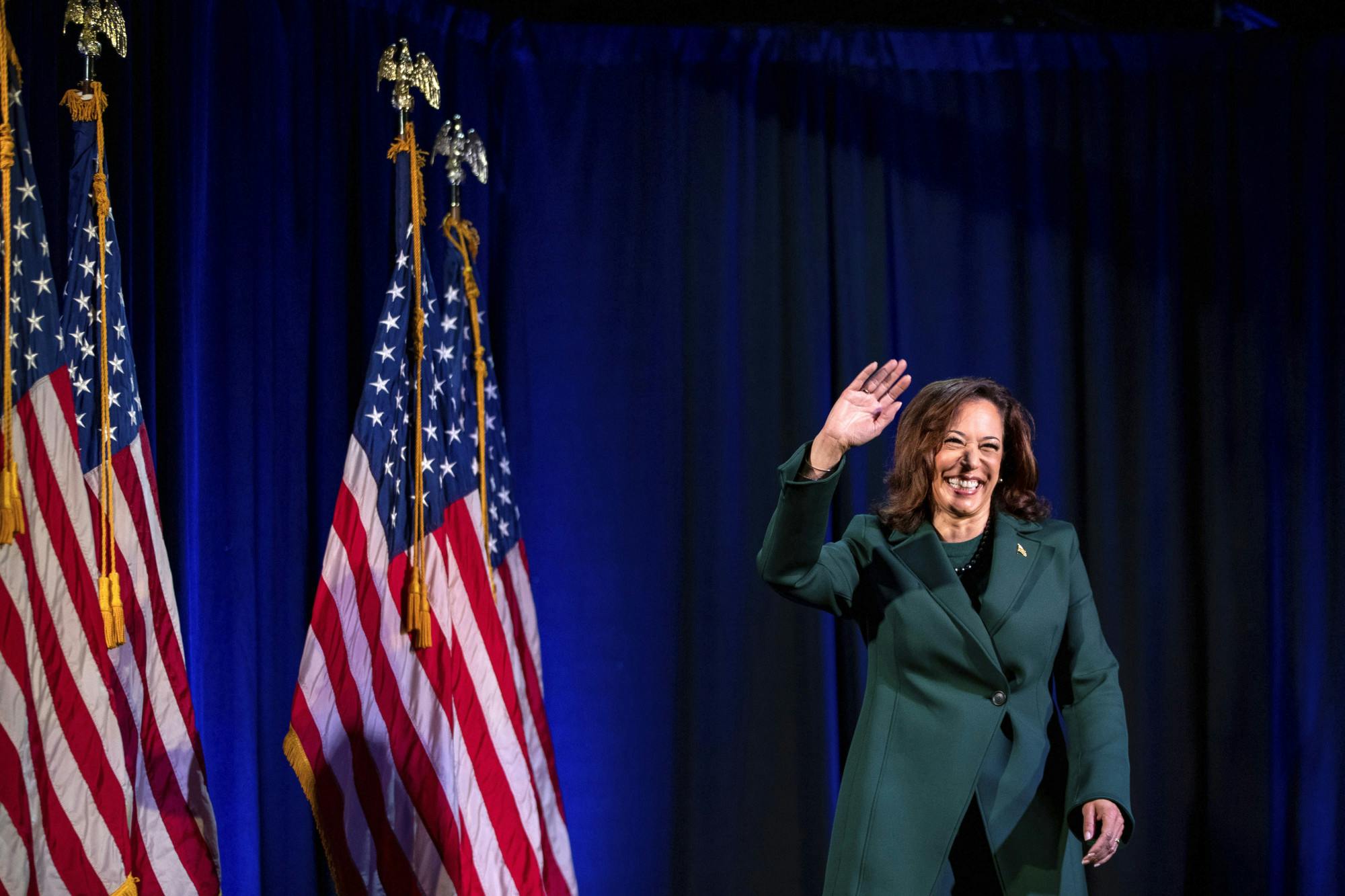 Vice President Kamala Harris waves to a crowd at The Moon in Tallahassee, Fla. on the 50th anniversary of the Roe v. Wade Supreme Court ruling, Sunday, Jan. 22, 2023. (Alicia Devine/Tallahassee Democrat via AP)