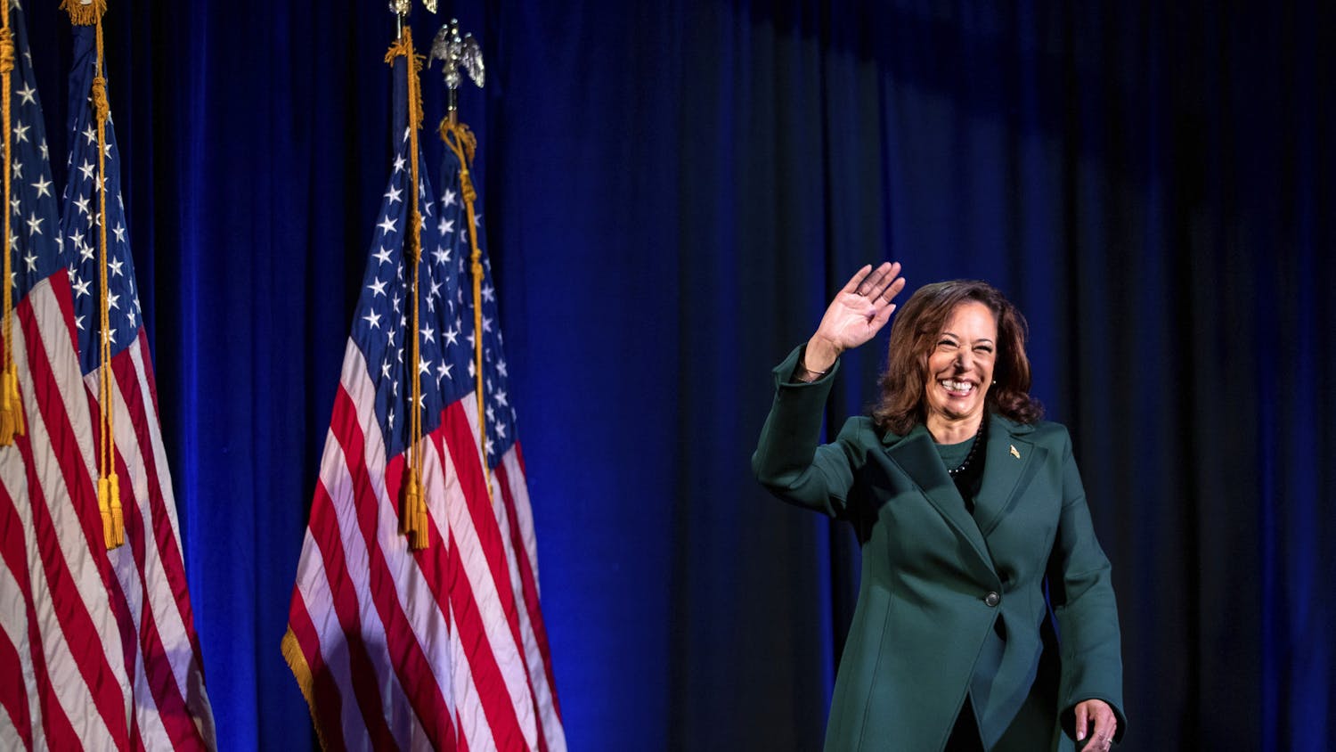 Vice President Kamala Harris waves to a crowd at The Moon in Tallahassee, Fla. on the 50th anniversary of the Roe v. Wade Supreme Court ruling, Sunday, Jan. 22, 2023. (Alicia Devine/Tallahassee Democrat via AP)