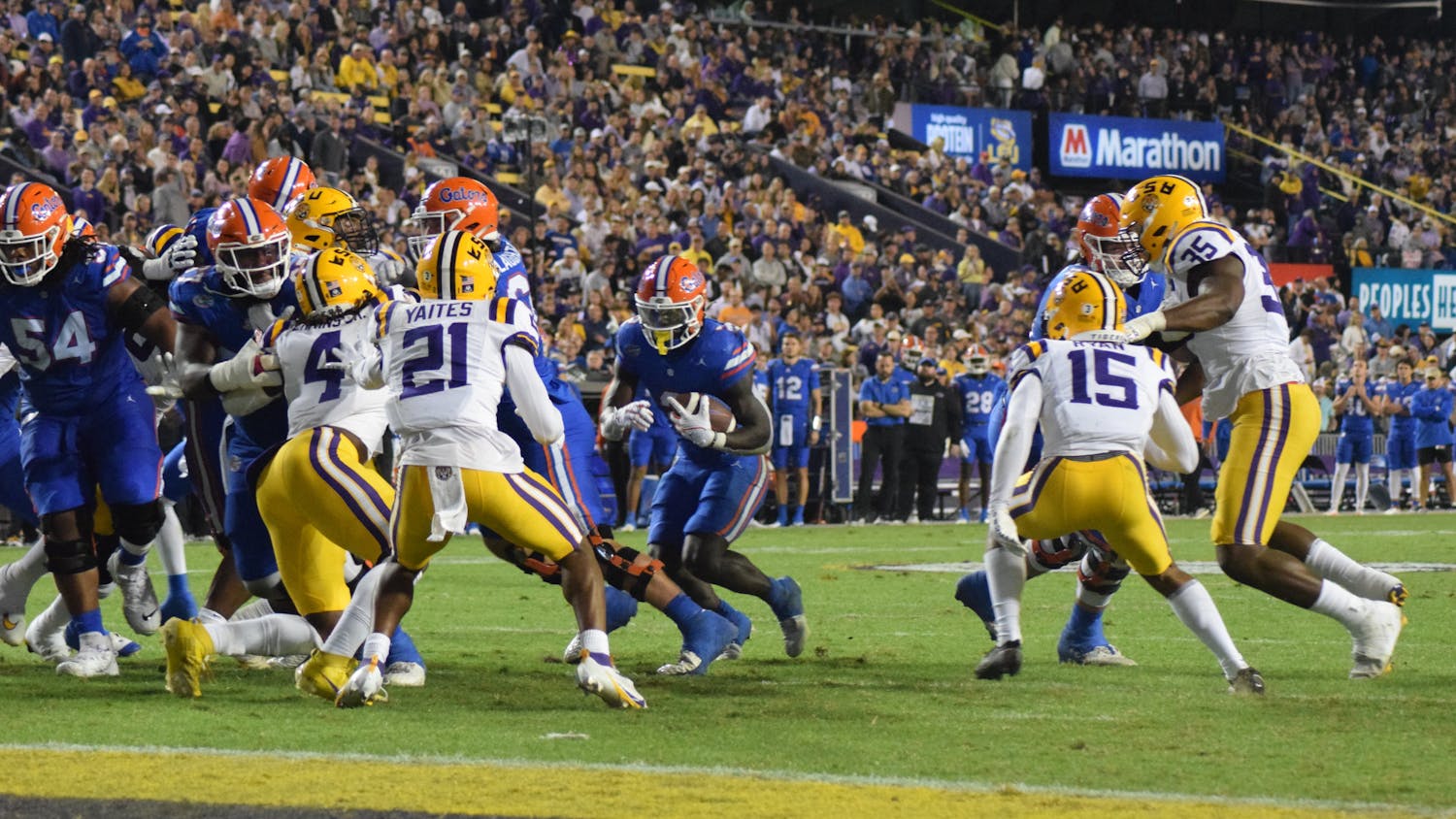 Junior running back Montrell Johnson Jr. runs toward the endzone in the Gators’ 52-35 loss to the LSU Tigers on Saturday, Nov. 11, 2023 in Baton Rouge, La. Florida fell to 5-5 on the season after the loss. The last time UF had three consecutive losing seasons was from 1945 to 1947. 