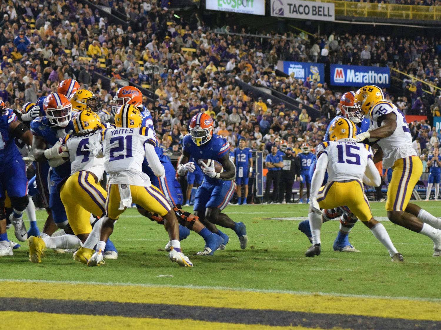 Junior running back Montrell Johnson Jr. runs toward the endzone in the Gators’ 52-35 loss to the LSU Tigers on Saturday, Nov. 11, 2023 in Baton Rouge, La. Florida fell to 5-5 on the season after the loss. The last time UF had three consecutive losing seasons was from 1945 to 1947. 