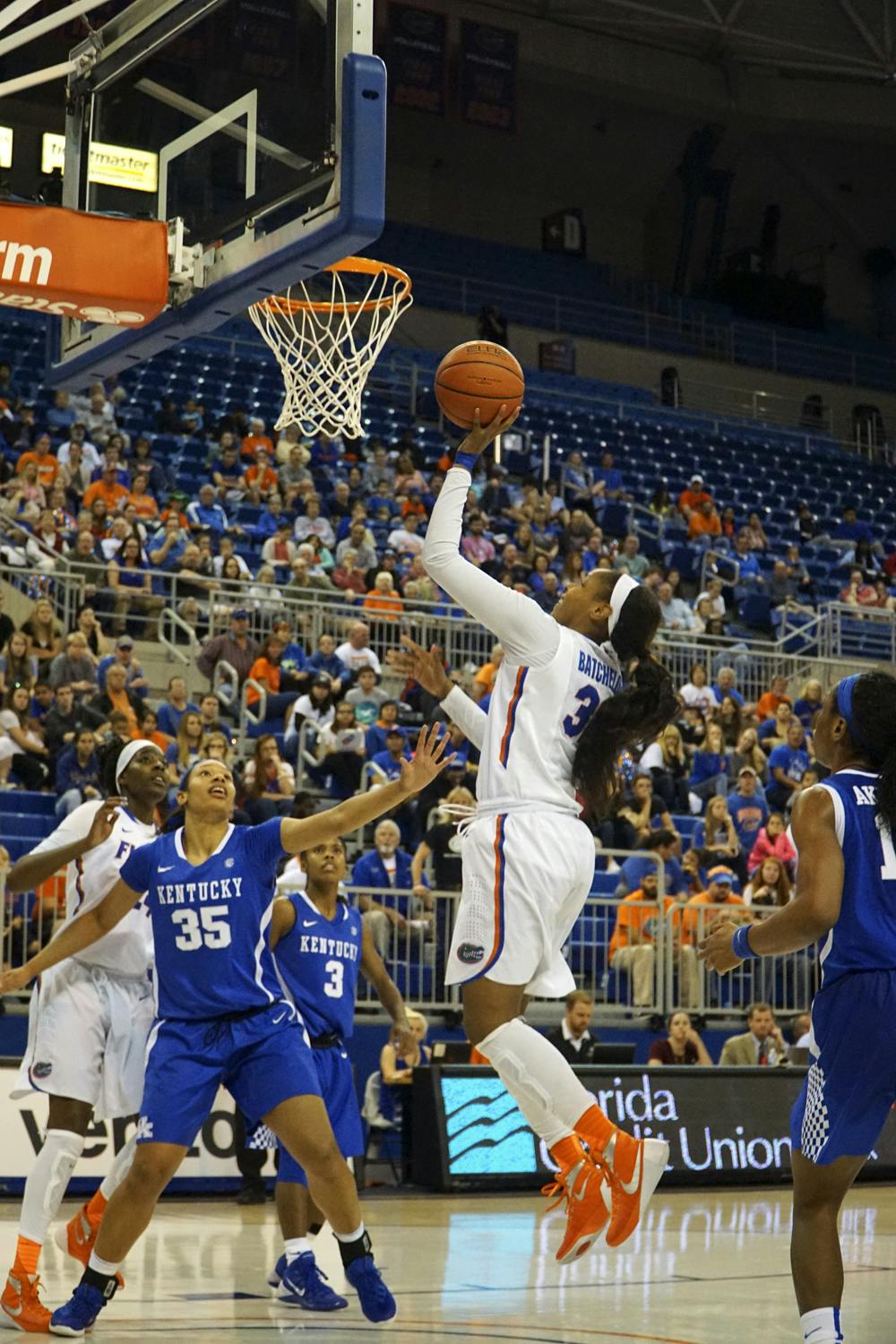 <p>Florida's Carla Batchelor attempts a layup during UF's 85-79 win over Kentucky on Jan. 31, 2016, in the O'Connell Center.</p>