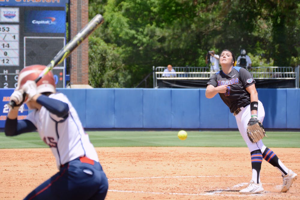<p>UF's Lauren Haeger pitches during Florida softball's 1-0 win against Florida Atlantic during the NCAA Regional finals on May 17, 2015, at Katie Seashole Pressly Stadium.</p>