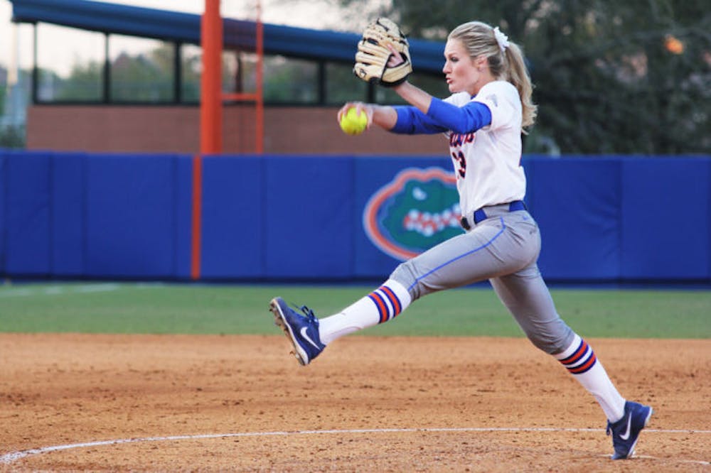 <p class="p1">Junior Hannah Rogers pitches during Florida’s 7-3 win against FSU on March 27 at Katie Seashole Pressly Stadium. Rogers struck out 11 in her complete-game victory against Longwood on Saturday.</p>