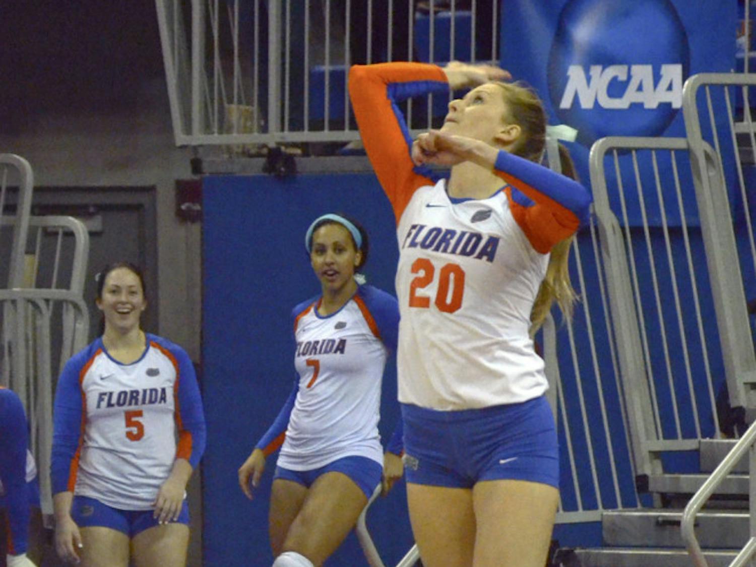Defensive Specialist Nikki O'Rourke serves during Florida's 3-1 win against Miami in the second round of the NCAA Tournament on Dec. 6 in the O'Connell Center.