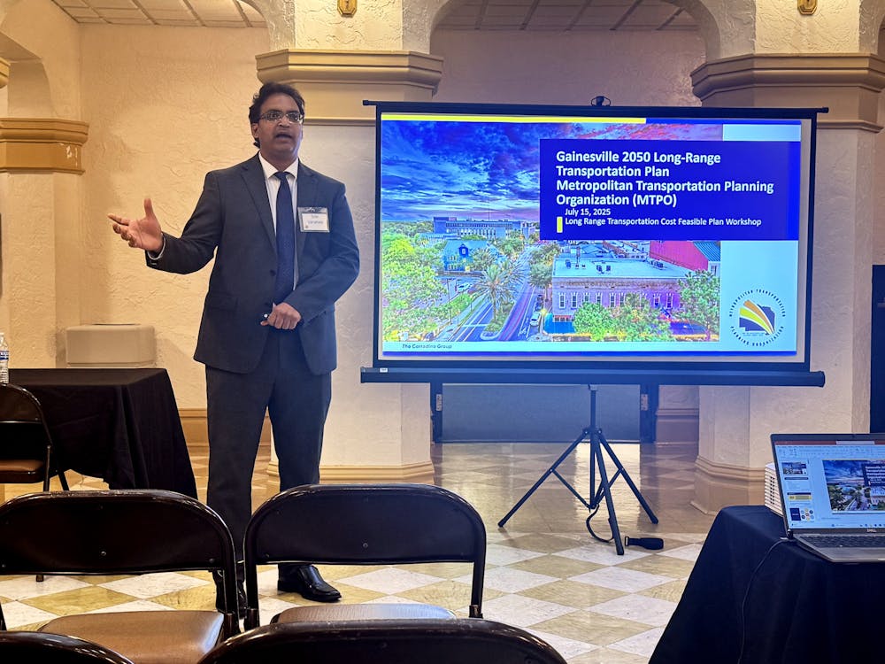 <p>Srin Varanasi presents a transportation proposal at a public workshop held on Tuesday, July 15, 2025.</p>