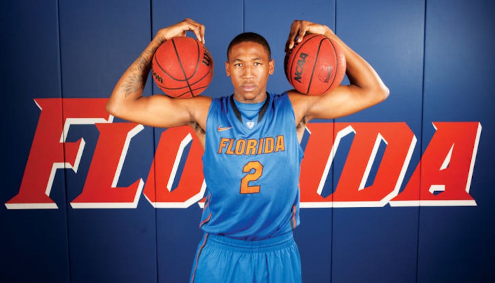 <p>Damontre Harris poses at media day on Oct. 10, 2012. Harris, who left the team in December 2013, has practiced with the Gators after re-joining the team. Coach Billy Donovan said Harris will not play for Florida until next season.</p>