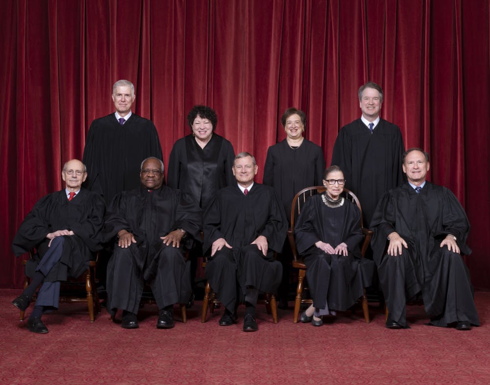 <p>The Roberts Court, November 30, 2018. Seated, from left to right: Justices Stephen G. Breyer and Clarence Thomas, Chief Justice John G. Roberts, Jr., and Justices Ruth Bader Ginsburg and Samuel A. Alito. Standing, from left to right: Justices Neil M. Gorsuch, Sonia Sotomayor, Elena Kagan, and Brett M. Kavanaugh. Photograph by Fred Schilling, Supreme Court Curator's Office.</p>