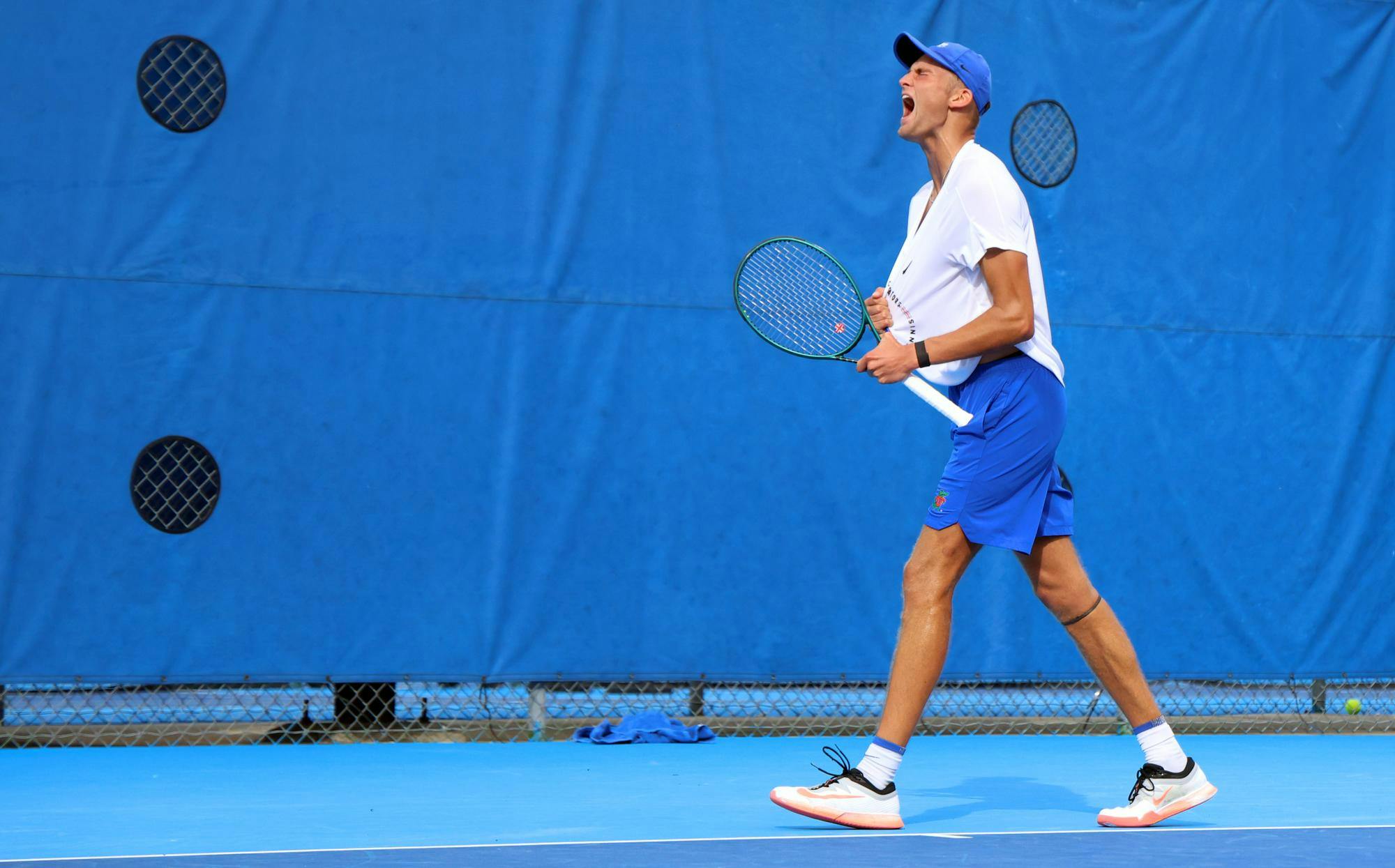 Henry Jefferson celebrates on Saturday during the close game between him and South Florida's Ettore Danesi. (Photo by Michael Angee.)