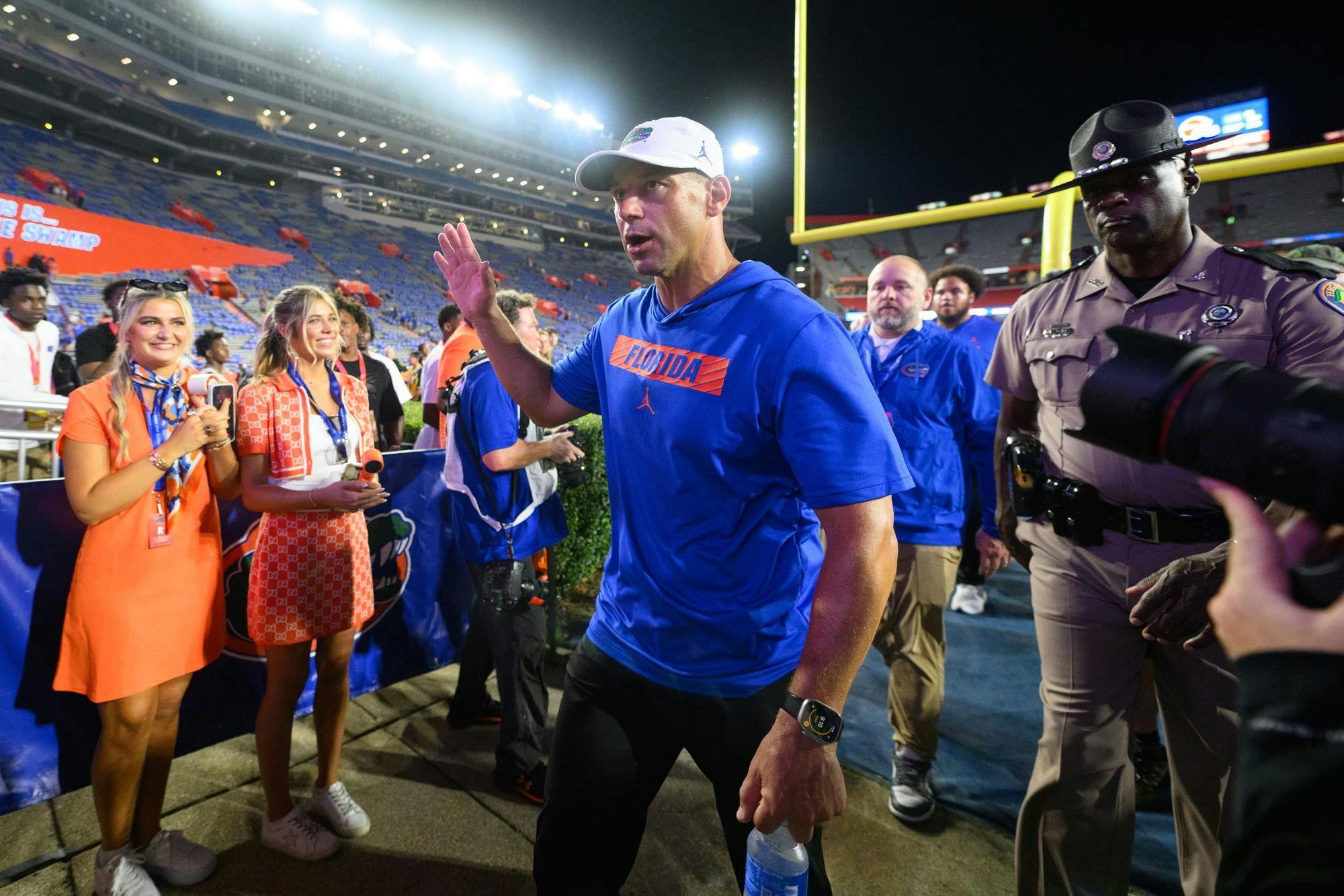 Florida head coach Jon Sumrall walks to the locker room after winning an NCAA college football game against Campbell, Saturday, Sept. 12, 2026, in Gainesville, Fla.