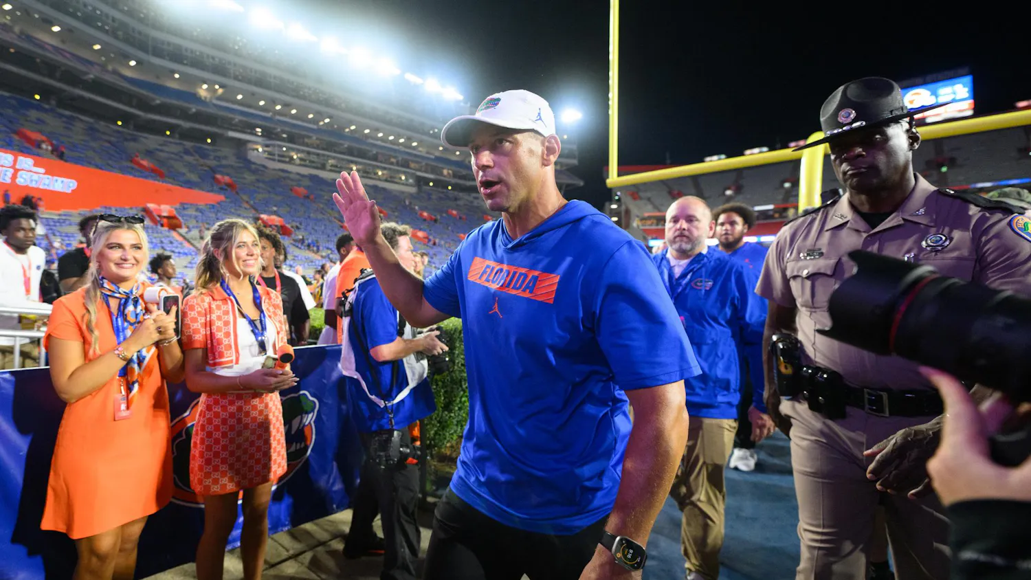 Florida head coach Jon Sumrall walks to the locker room after winning an NCAA college football game against Campbell, Saturday, Sept. 12, 2026, in Gainesville, Fla.