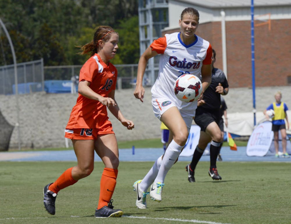 <p>Pamela Begic battles for the ball during Florida’s 2-0 win against Oklahoma State on Sept. 8 at James G. Pressly Stadium.&nbsp;</p>