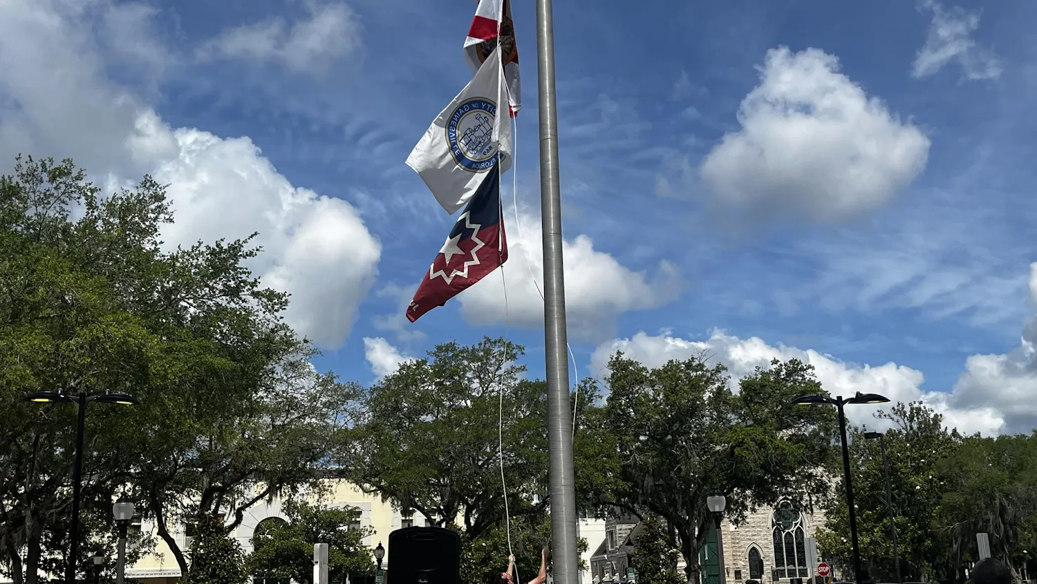 A Juneteenth flag is raised in front of City Hall in Gainesville, Fla., Wednesday, May 20, 2026.
