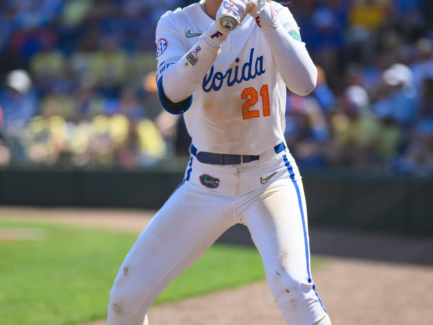 Florida outfielder Taylor Shumaker (21) stands in the on-deck circle during an NCAA softball game against Tennessee, Saturday, March 21, 2026, in Gainesville, Fla.