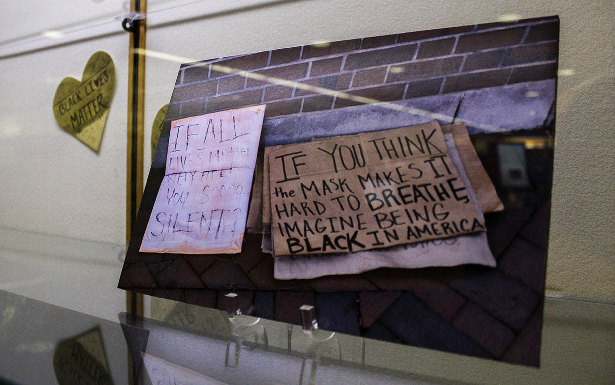 The “All Black Lives Matter: Documenting Community Response to Racial Injustice” exhibit sits in Library West on Monday, Jan. 11, 2021. It will be open until March.