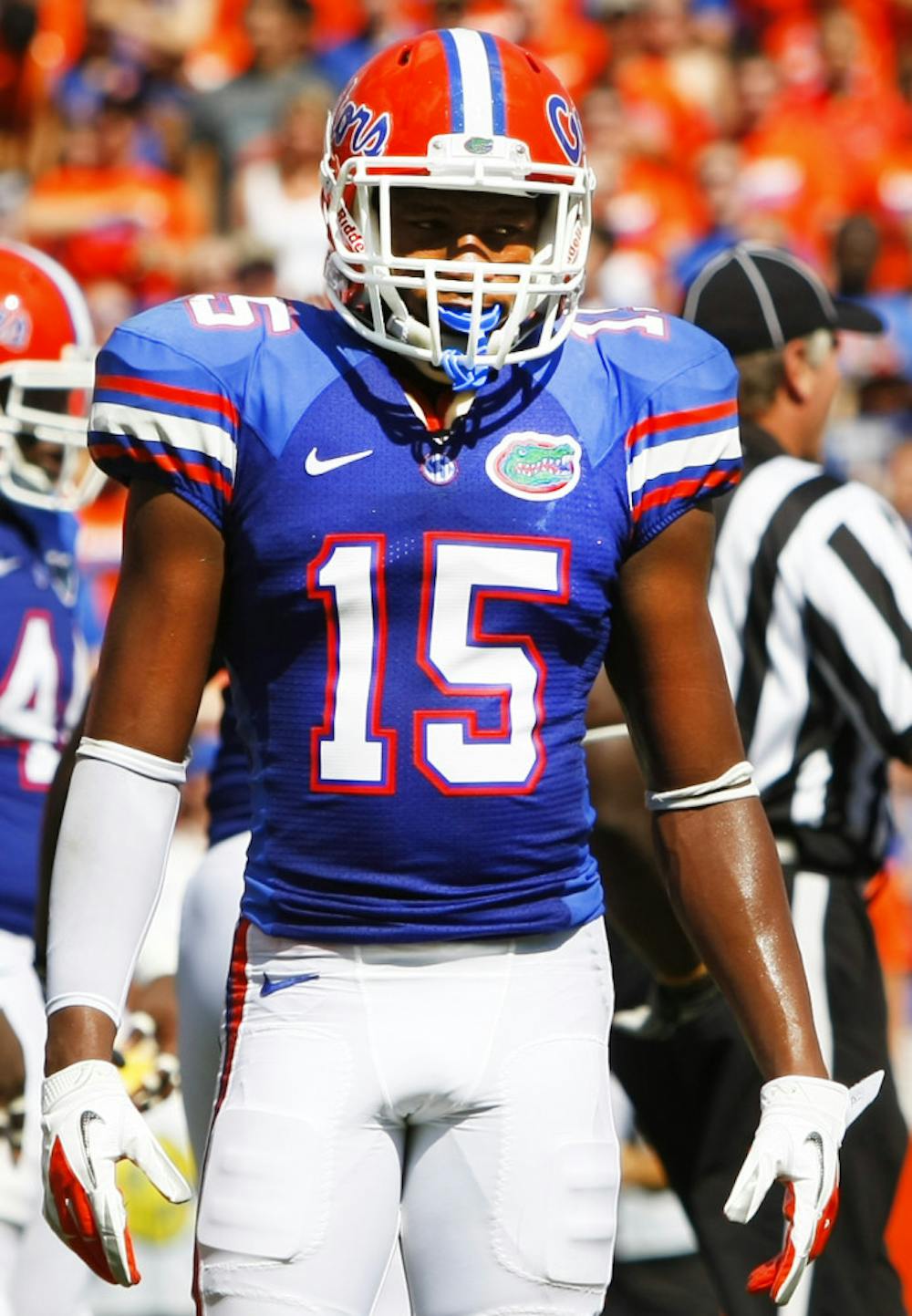 <p>Loucheiz Purifoy, looks to the sidelines during UF's win against Bowling Green University on Saturday at Ben Hill Griffin Stadium.</p>
<p> </p>