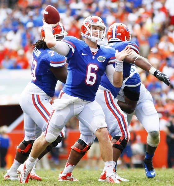 Sophomore quarterback Jeff Driskel attempts a pass against Kentucky at Ben Hill Griffin Stadium on Sept. 22.&nbsp;