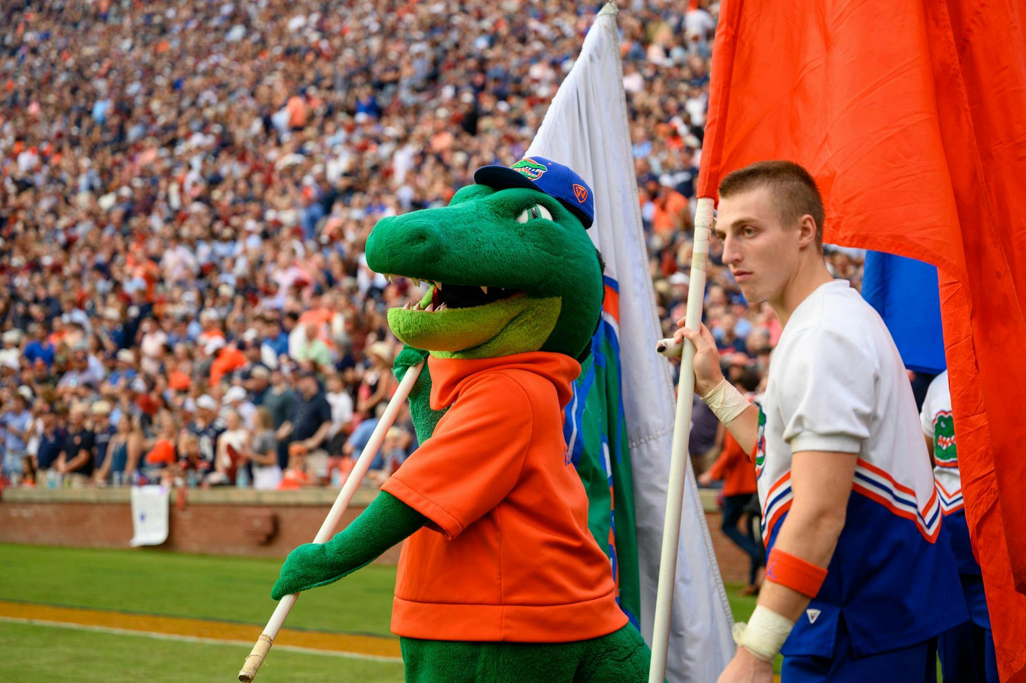 Albert the Gator holds a Florida flag during the first half of an NCAA college football game against Auburn, Saturday, Sept. 19, 2026, in Auburn, Ala.