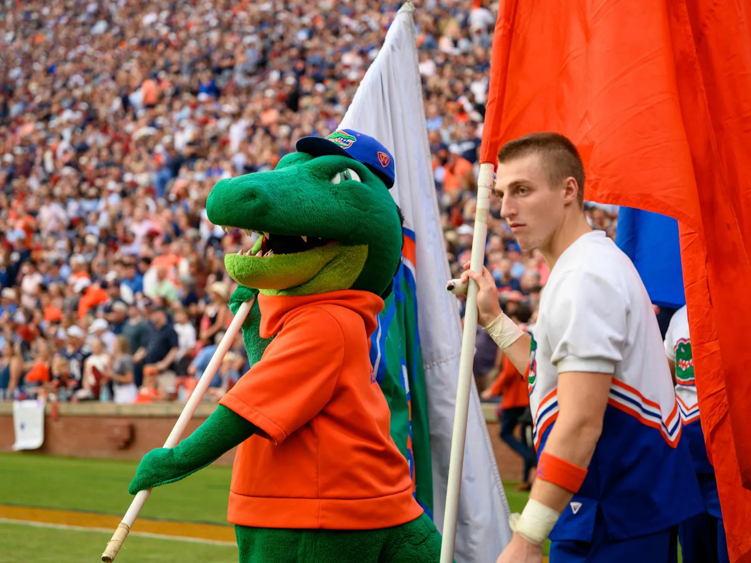 Albert the Gator holds a Florida flag during the first half of an NCAA college football game against Auburn, Saturday, Sept. 19, 2026, in Auburn, Ala.
