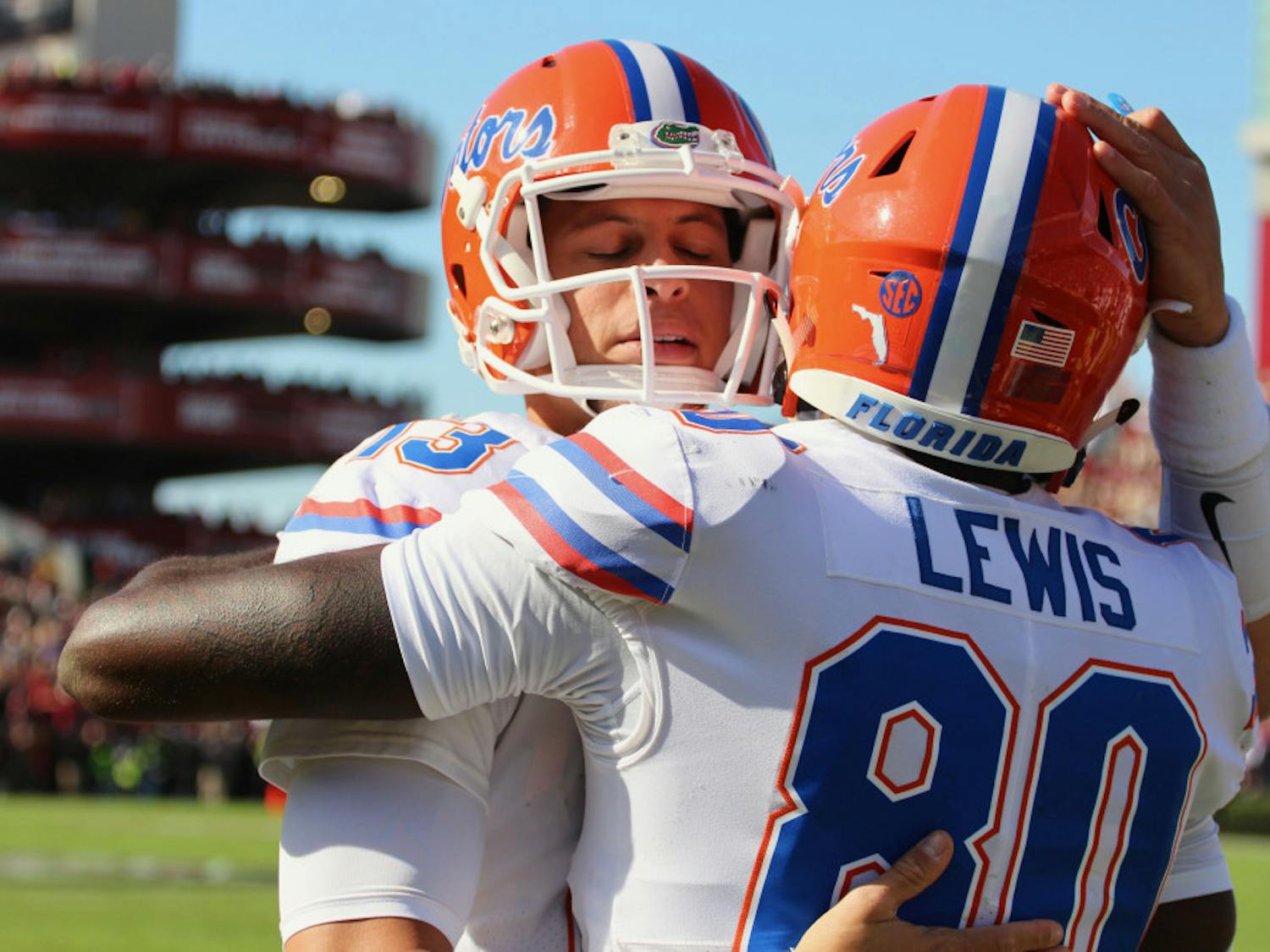 Florida quarterback Feleipe Franks (left) completed 10 of 25 passes for 174 yards, no touchdowns and one interception on Saturday against South Carolina. UF fell to the Gamecocks, 28-20, sending its losing streak to five straight games.