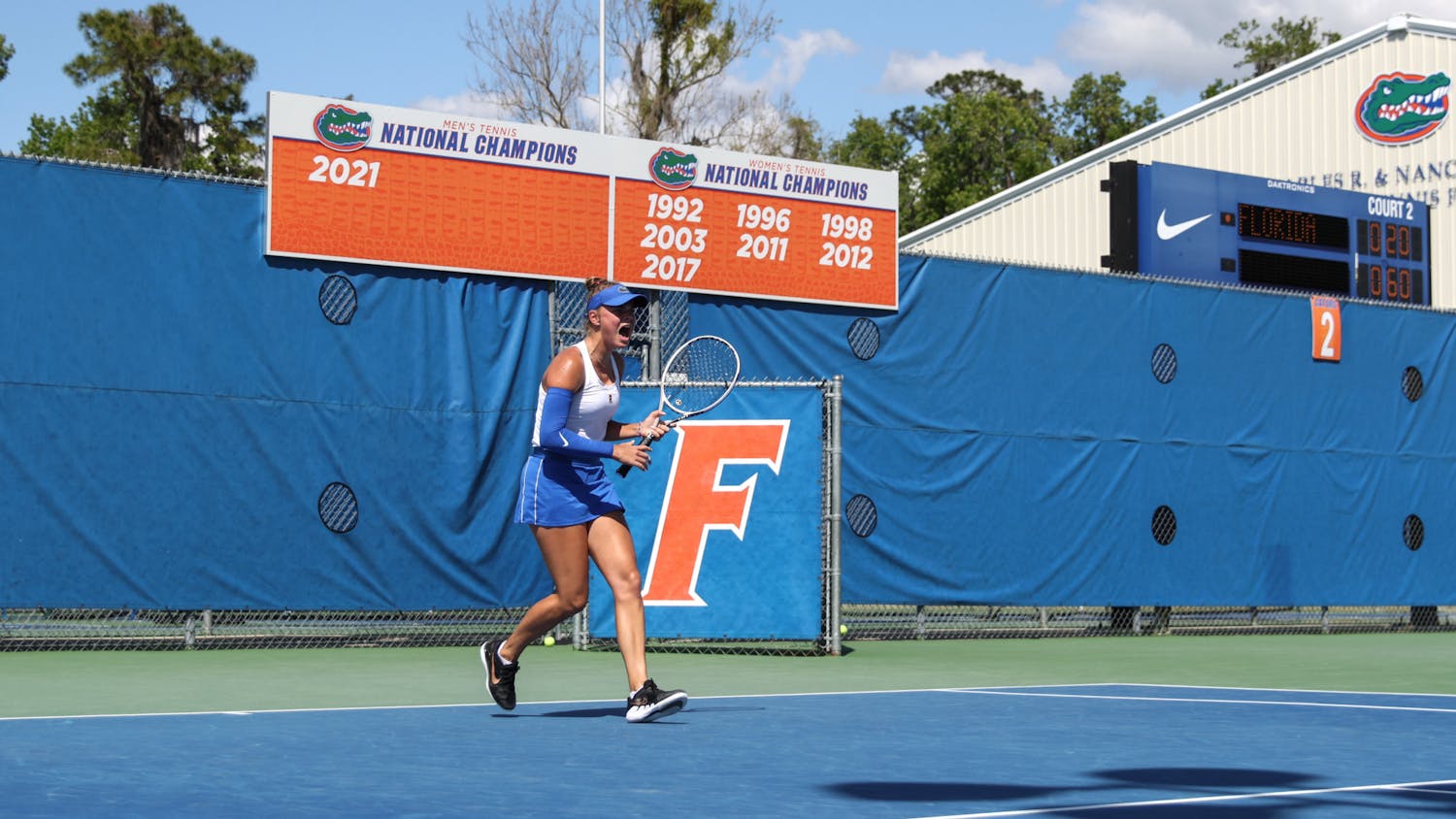 Florida sophomore Bente Spee celebrates during the Gators' 4-1 win against the No. 3 Michigan Wolverines Wednesday, March 22, 2023.
