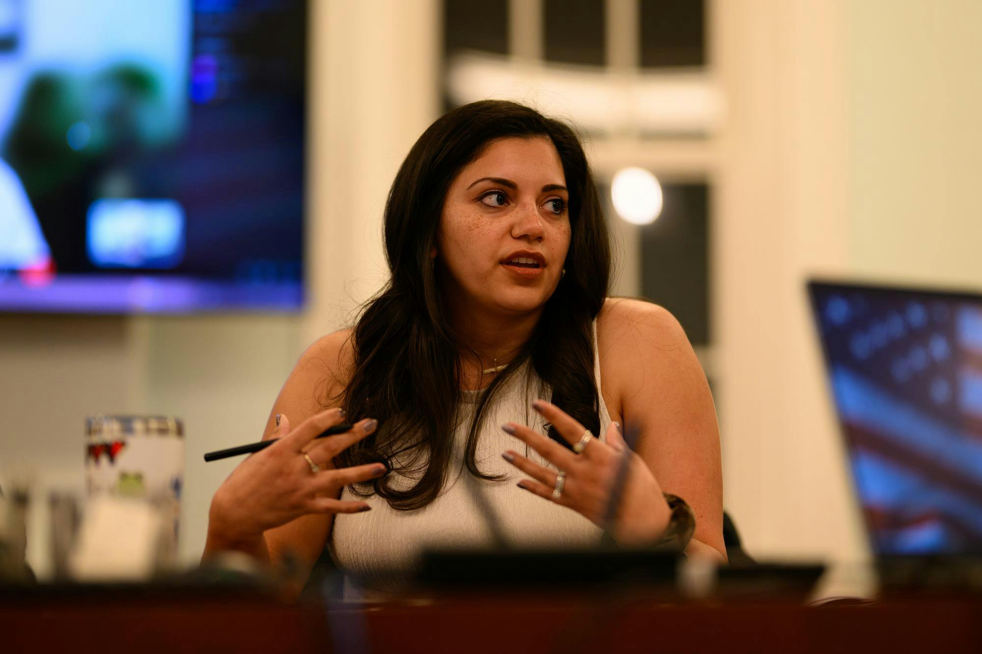 Board member Leslie Hayes-Morrison speaks during a Newberry Charter School board meeting, Monday, Feb. 23, 2026, at The Little Red Schoolhouse in Newberry, Fla.