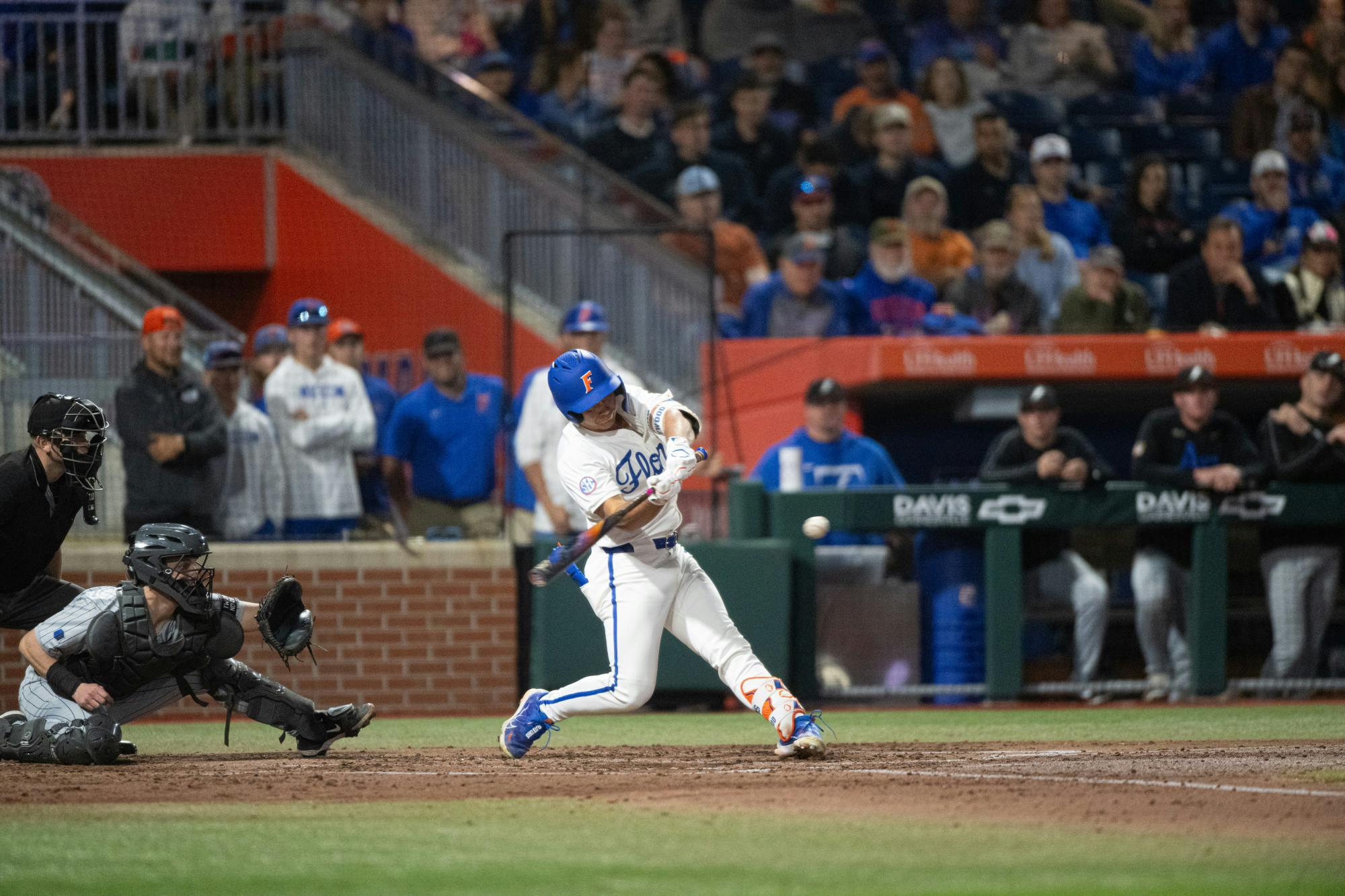 Florida Gators infielder/outfielder Blake Cyr (5) hits the ball in a baseball game against the Air Force Academy in Gainesville, Fla., on Friday, Feb. 14, 2025.