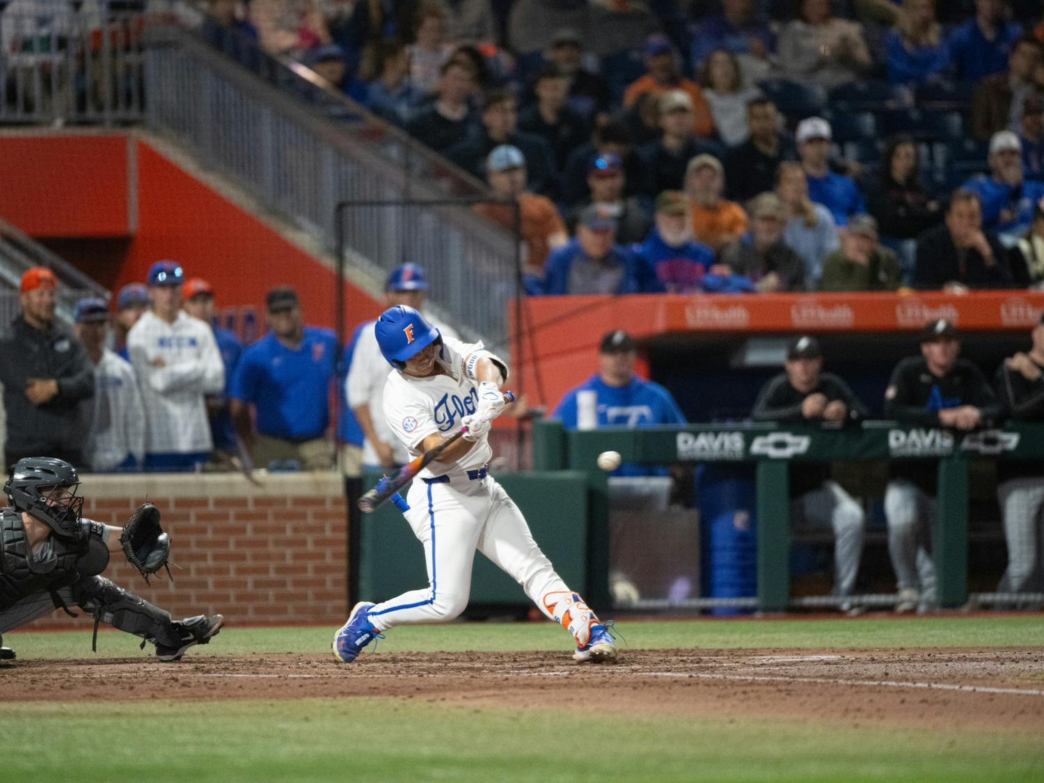 Florida Gators infielder/outfielder Blake Cyr (5) hits the ball in a baseball game against the Air Force Academy in Gainesville, Fla., on Friday, Feb. 14, 2025.