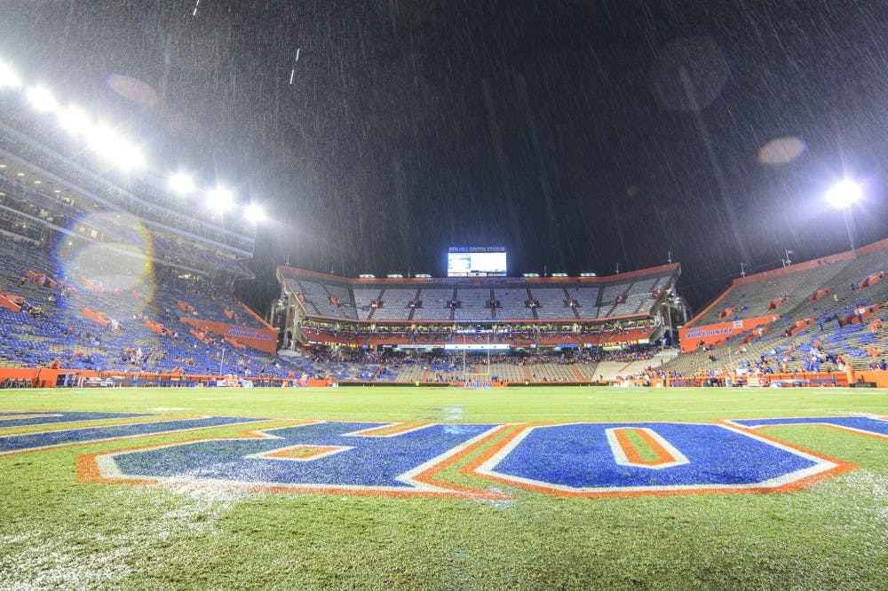 Florida Field during the weather delay that resulted in the cancellation of Florida's opener against Idaho in 2014.