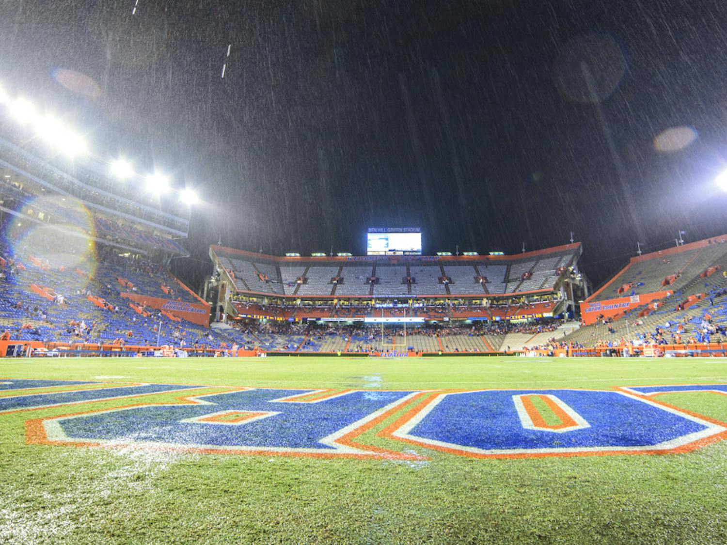 Florida Field during the weather delay that resulted in the cancellation of Florida's opener against Idaho in 2014.