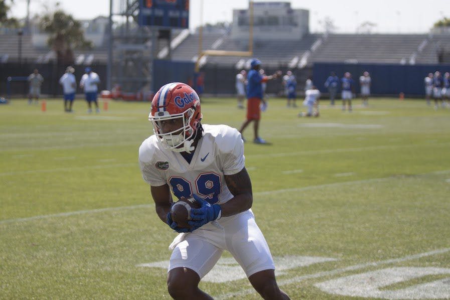 UF wide receiver Tyrie Cleveland runs with the ball during a spring practice at the Sanders Practice Field on March 22, 2017.