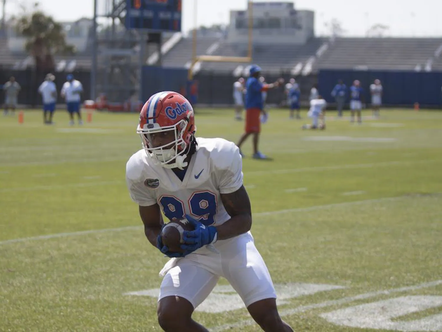UF wide receiver Tyrie Cleveland runs with the ball during a spring practice at the Sanders Practice Field on March 22, 2017.