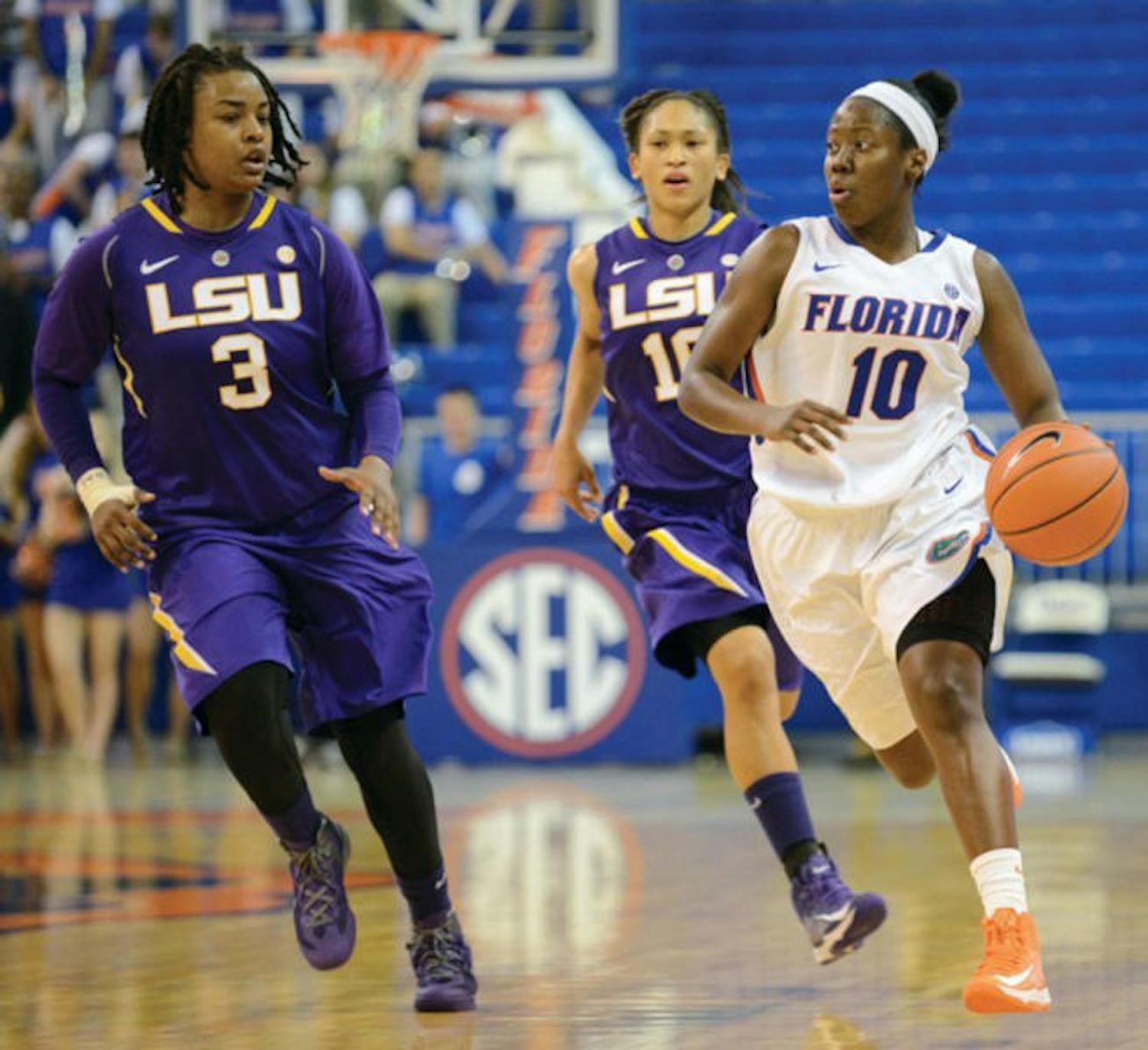 Jaterra Bonds (10) runs the floor during Florida’s 77-72 win against LSU on Jan. 6 in the O’Connell Center. Bonds is Florida’s leading scorer returning from last season.
