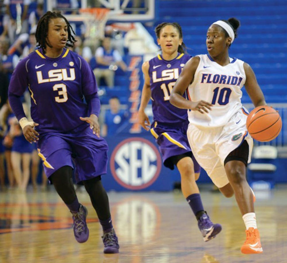 <p>Jaterra Bonds (10) runs the floor during Florida’s 77-72 win against LSU on Jan. 6 in the O’Connell Center. Bonds is Florida’s leading scorer returning from last season.</p>