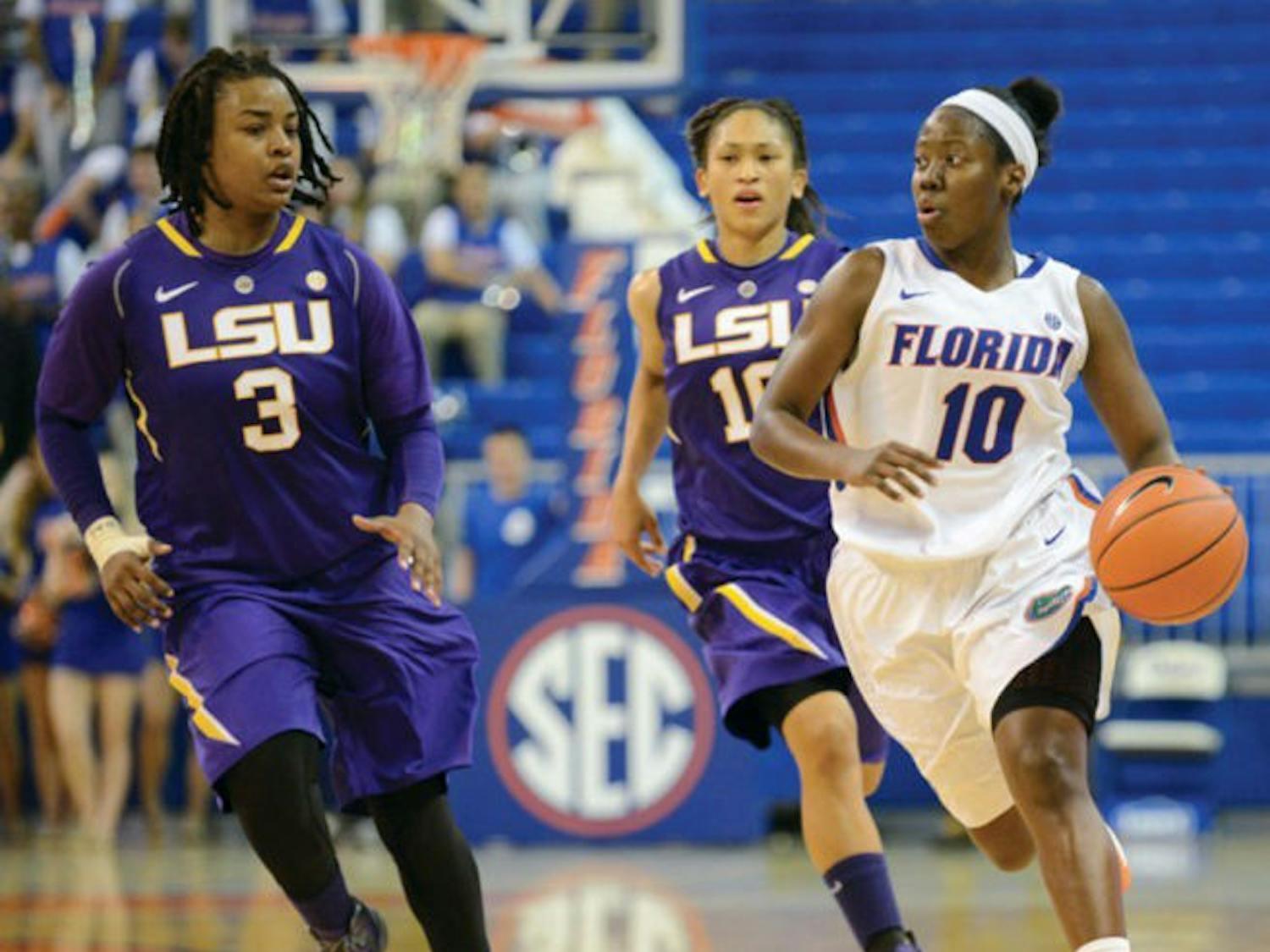 Jaterra Bonds (10) runs the floor during Florida’s 77-72 win against LSU on Jan. 6 in the O’Connell Center. Bonds is Florida’s leading scorer returning from last season.