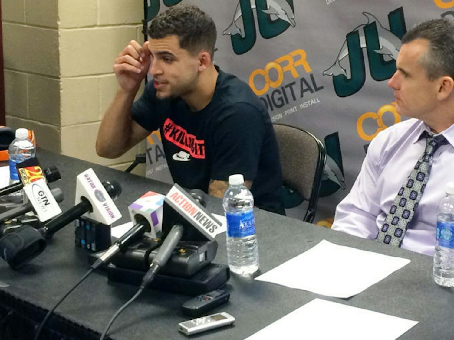 Scottie Wilbekin speaks at a press conference following Florida’s 86-60 win against Jacksonville on Monday evening. Wilbekin apologized for actions leading to his five-game suspension to begin the season.