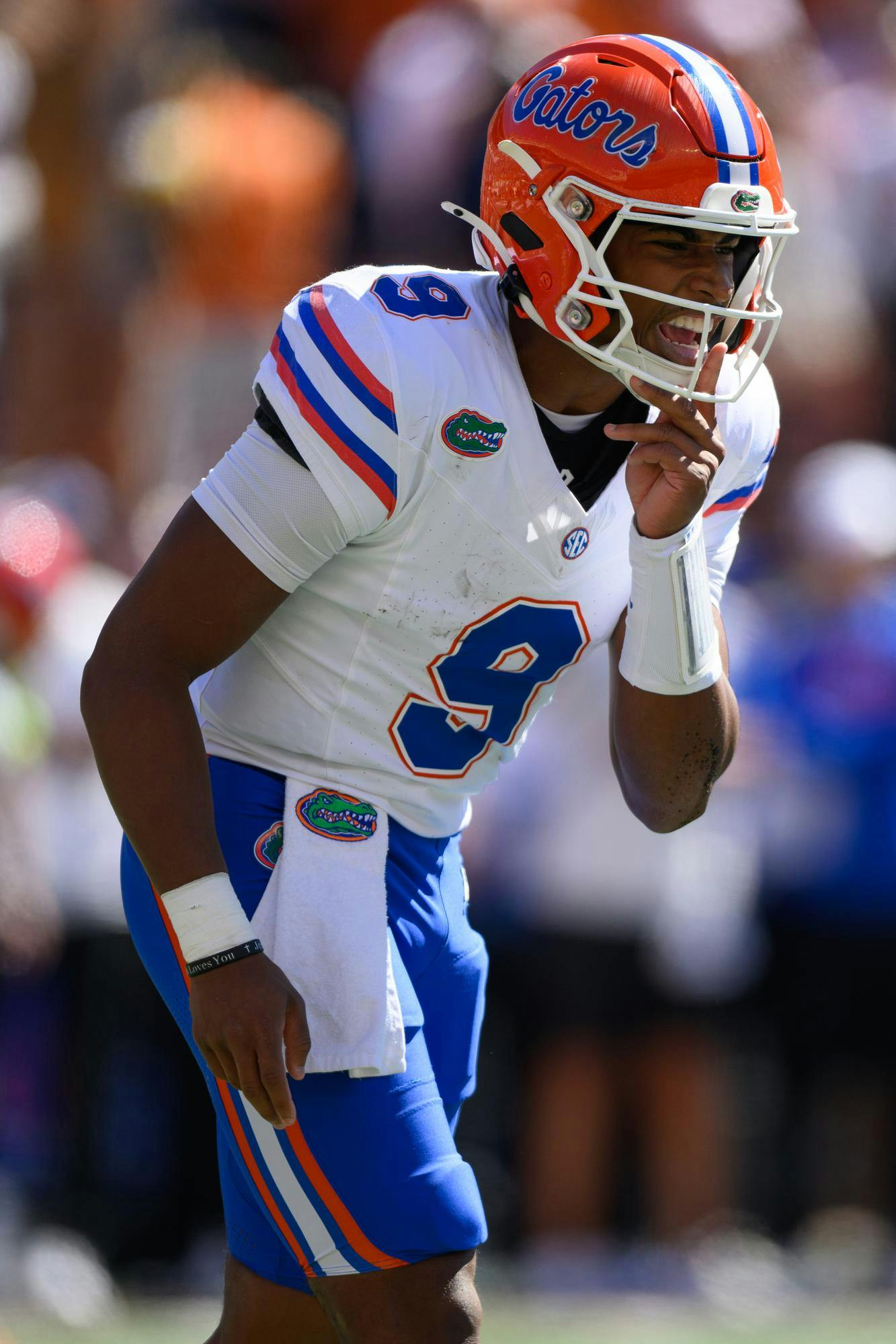 Florida quarterback Tramell Jones Jr. (9) yells a call during the first half of an NCAA college football game against Texas, Friday, Oct. 16, 2026, in Austin, Texas.