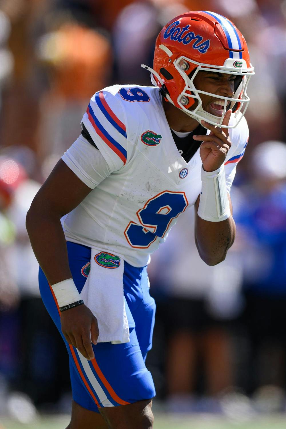 <p>Florida quarterback Tramell Jones Jr. (9) yells a call during the first half of an NCAA college football game against Texas, Saturday, Oct. 17, 2026, in Austin, Texas.</p>